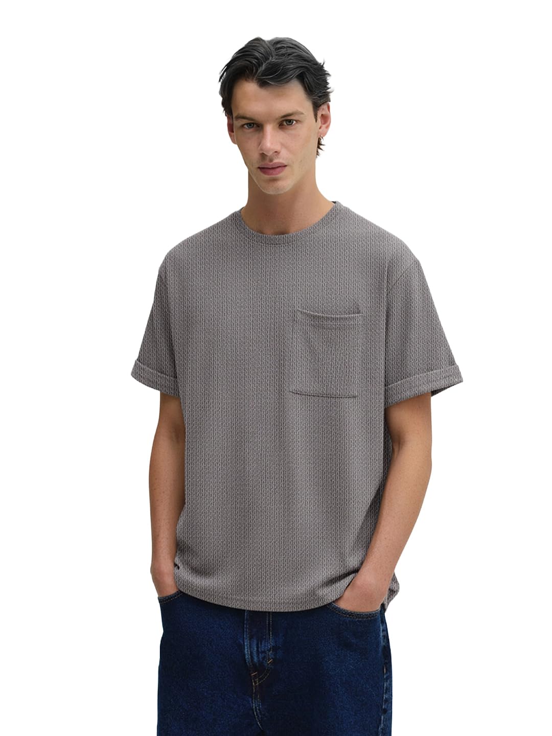 The Indian Garage Co Mens Boxy Half Sleeves Textured Crew Neck T-Shirt