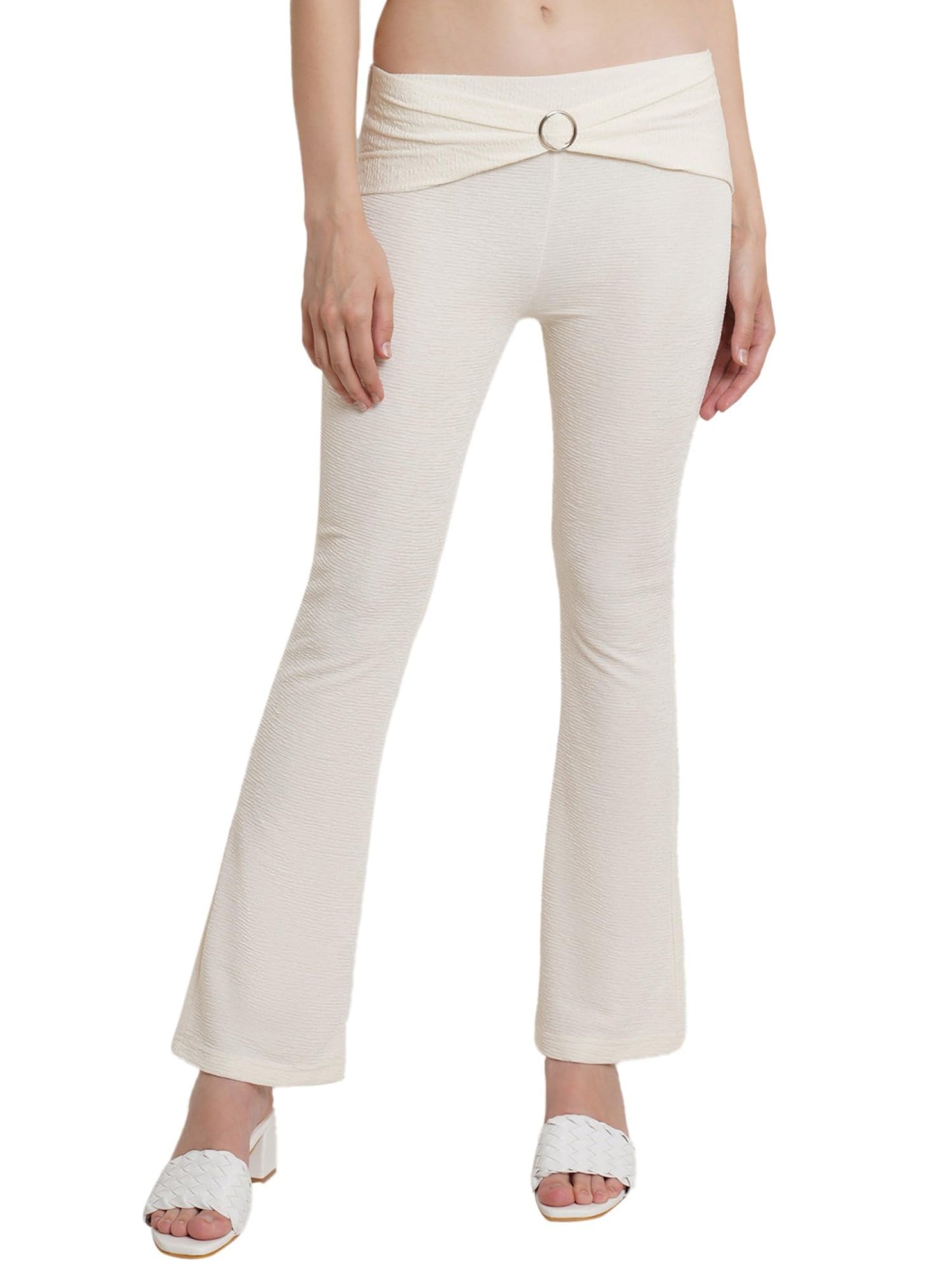 POPWINGS Casual Self Design Crush Bootcut Front Ring Trouser for Women || Pull On Regular Fit Bootcut Women Trouser for Summer |