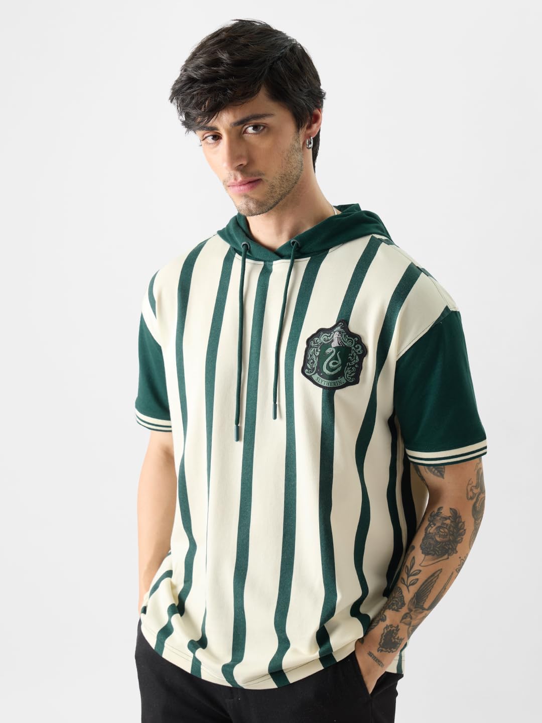 The Souled Store Official Harry Potter: Slytherin Rugby Set Hooded T-Shirts White