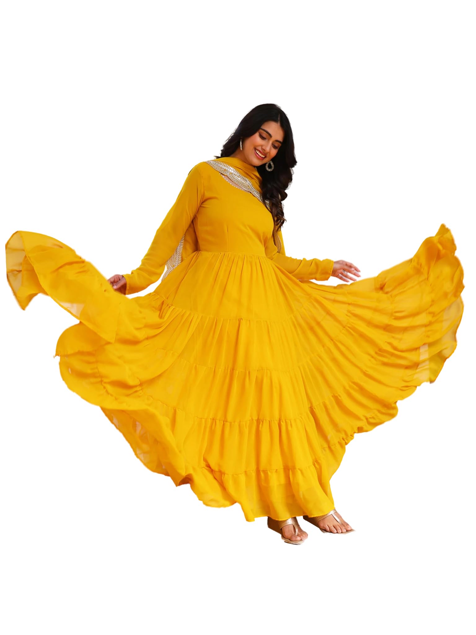Fashion Basket WomenS Georgette Solid Anarkali Dress Yellow