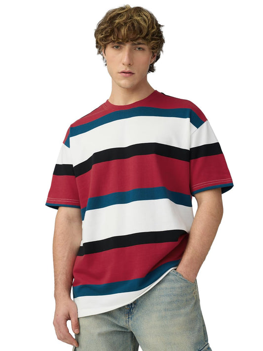 The Souled Store Retro Men and Boys Short Sleeves Round Neck Multicolor Striped Cotton Oversized T-Shirts