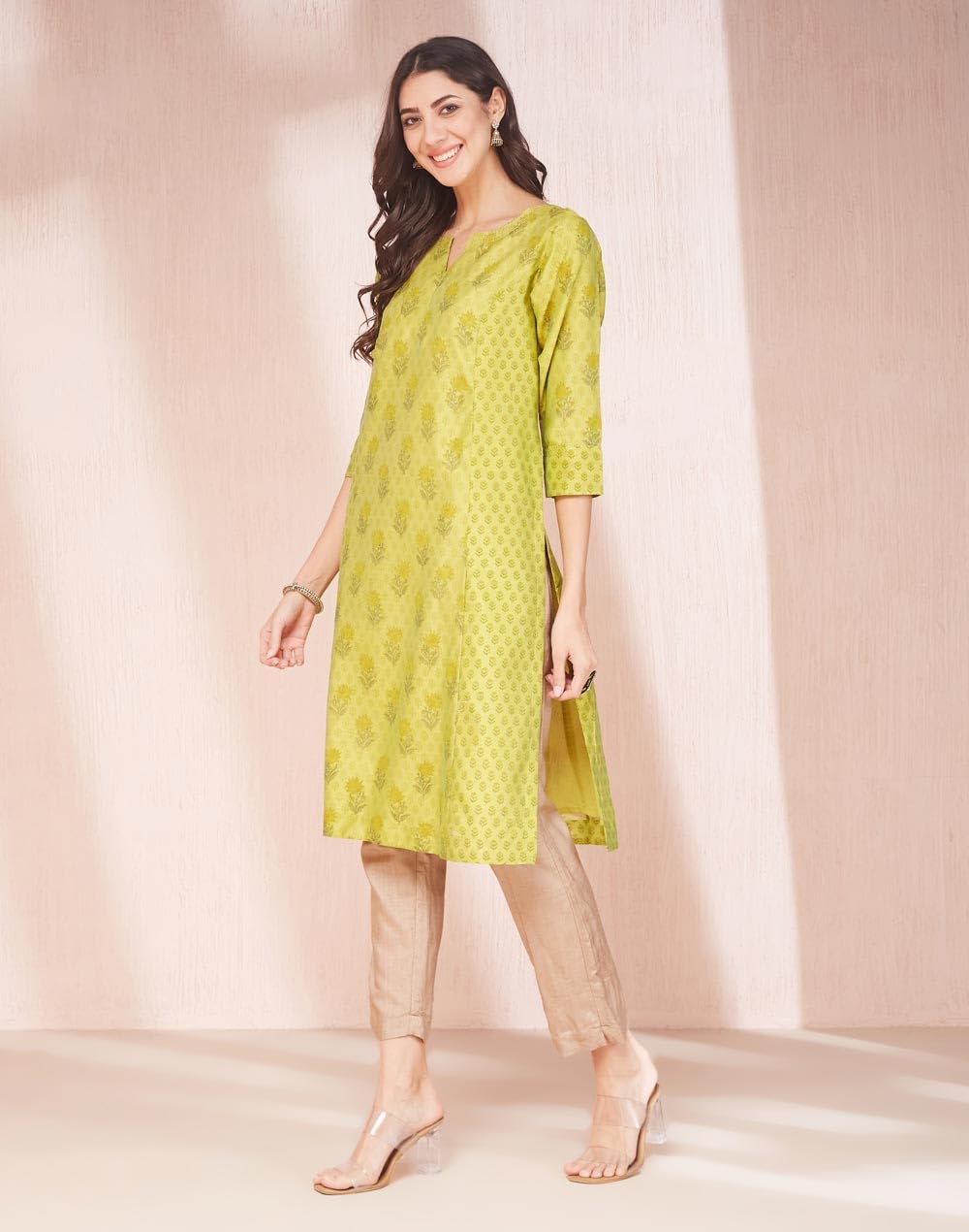 Fabindia WomenS Cotton Silk Printed Regular Kurta (1038023Lime_Lime