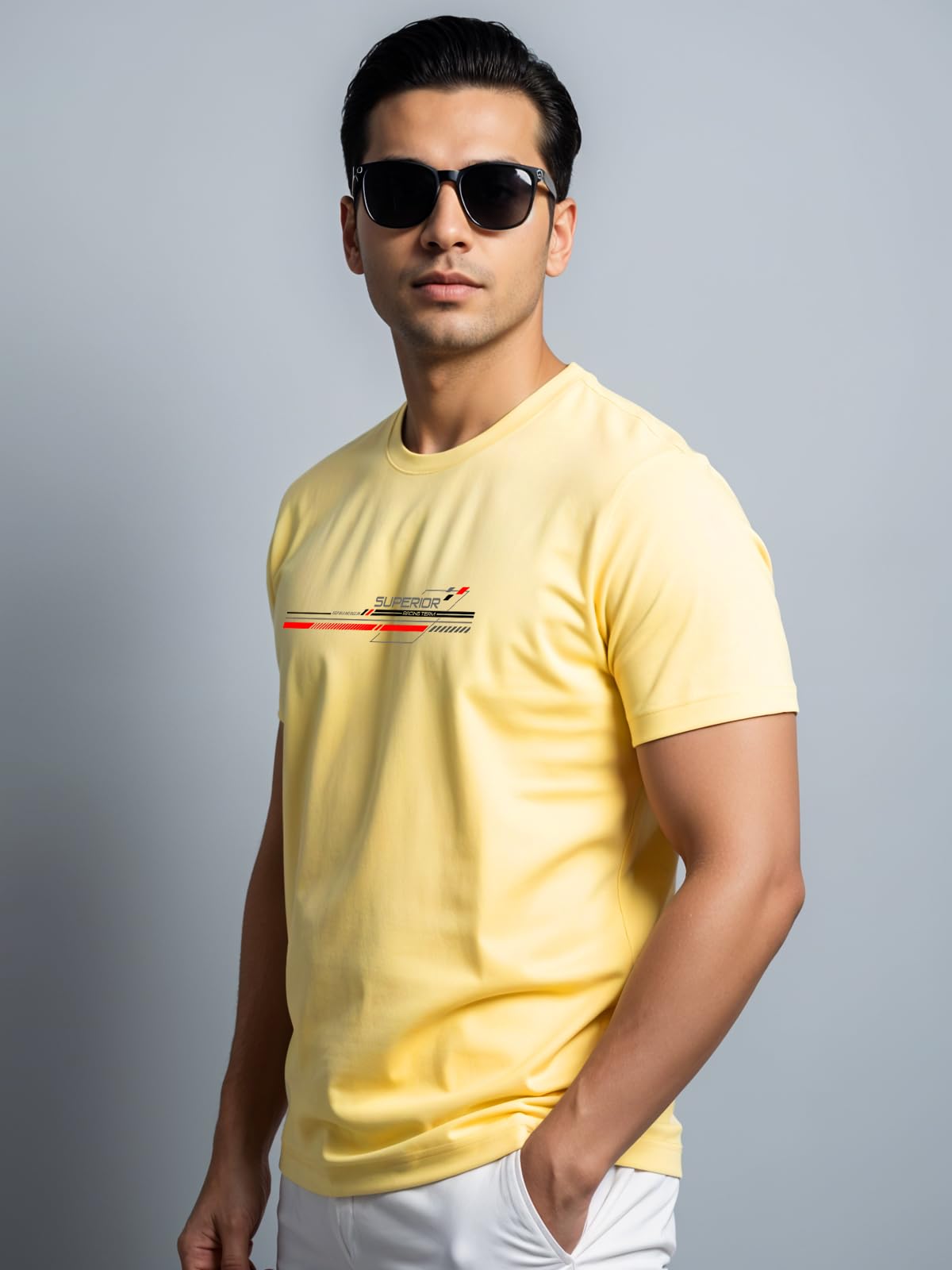 ADRO Men's Graphic Printed 100% Cotton T-Shirt - Regular Fit, Printed T-Shirts for Men (RN24-RAC-LY_Light Yellow)