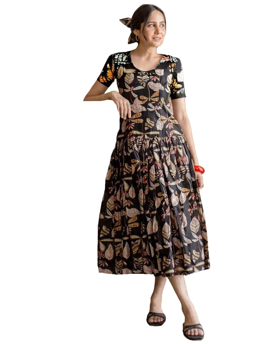 GoSriKi Womens Rayon Charm Black Cotton Printed Long Maxi Dress (SARTARI BLACK-VKS01-GS_XXL_Black_XX-Large)