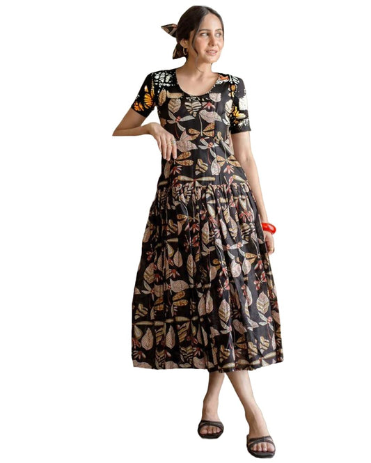 GoSriKi Womens Rayon Charm Black Cotton Printed Long Maxi Dress (SARTARI BLACK-VKS01-GS_XXL_Black_XX-Large)