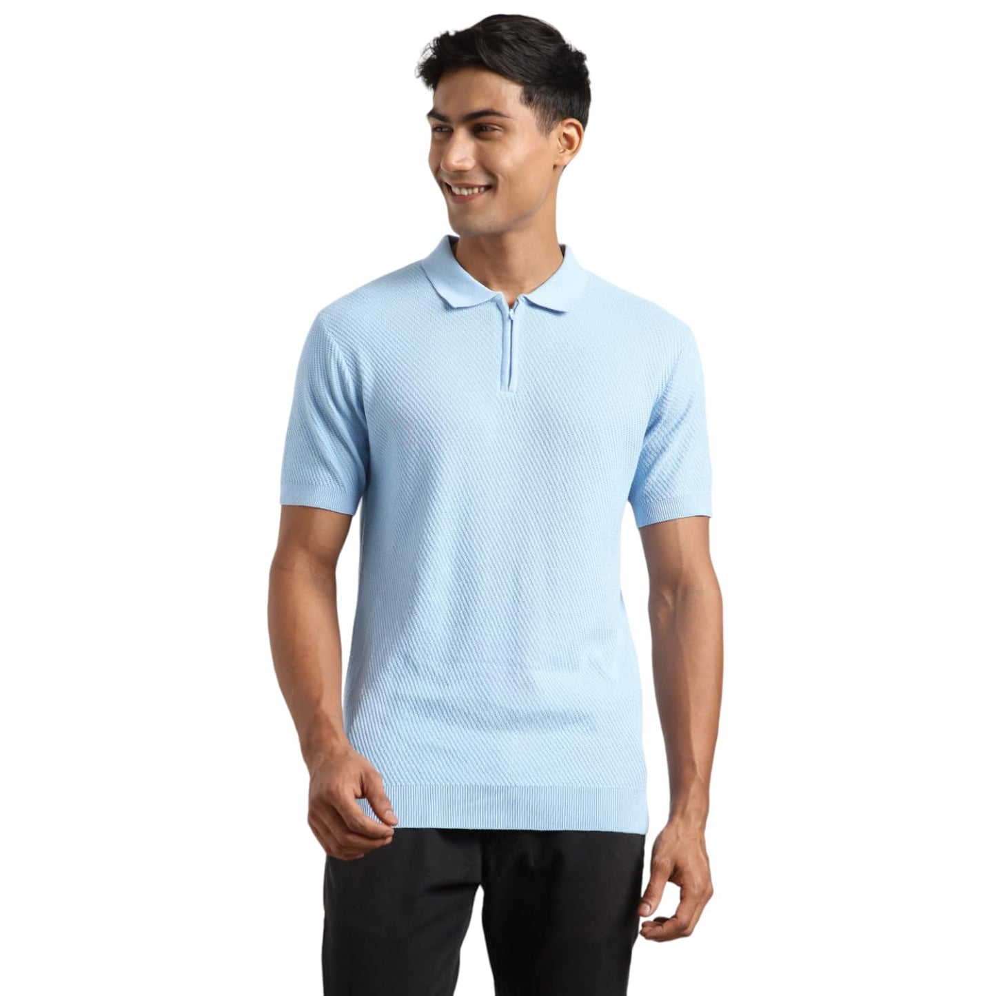 Nobero MenS Self Design Regular Fit Polo Shirt (1M-Twpo-R0014_Powder Blue