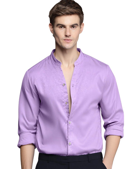 Indoprimo MenS Stylish Solid Satin Casual Shirt For Men Full Sleeve Lavender