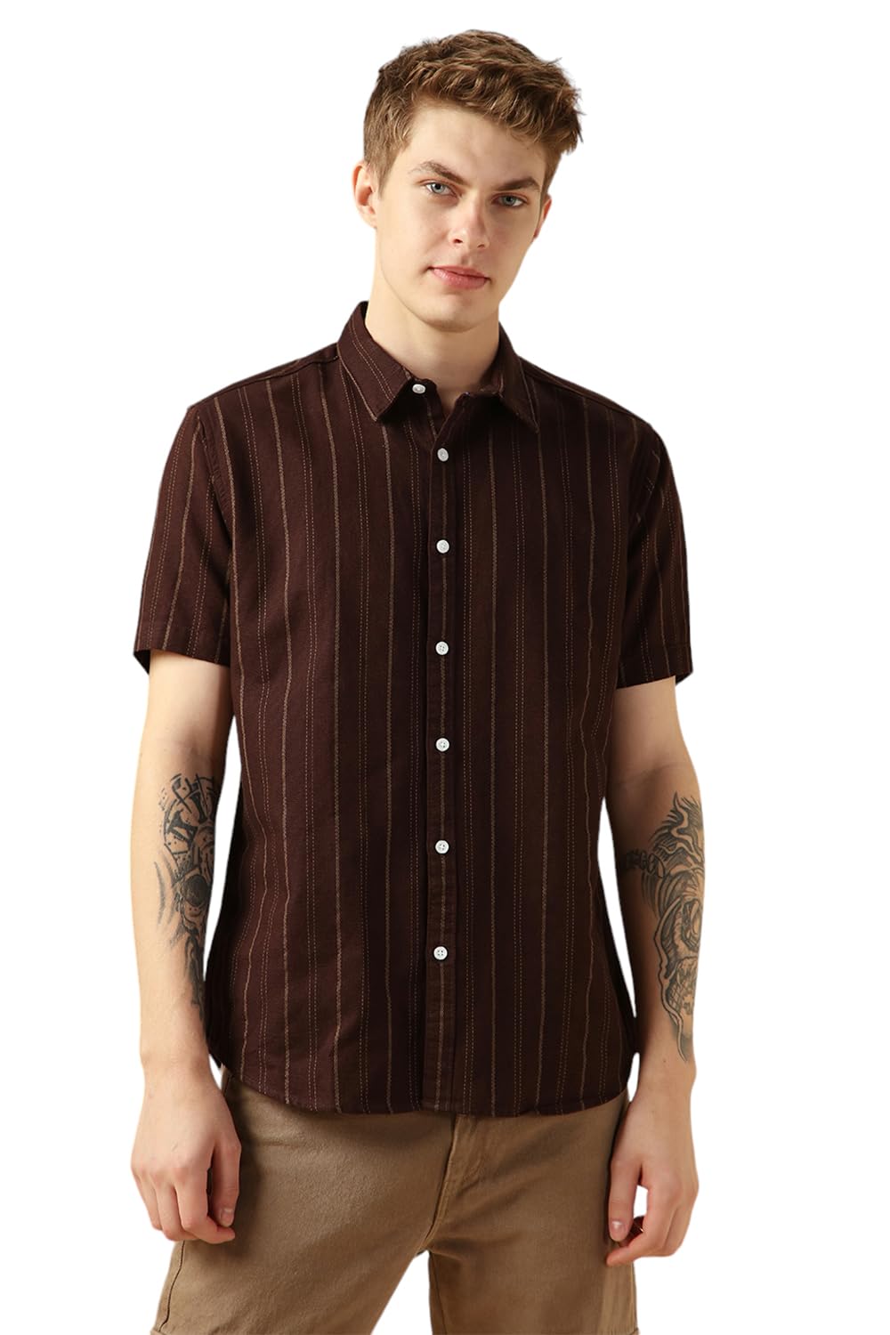 Dennis Lingo MenS Maroon Polycotton Spread Collar Short Sleeves Striped Shirts