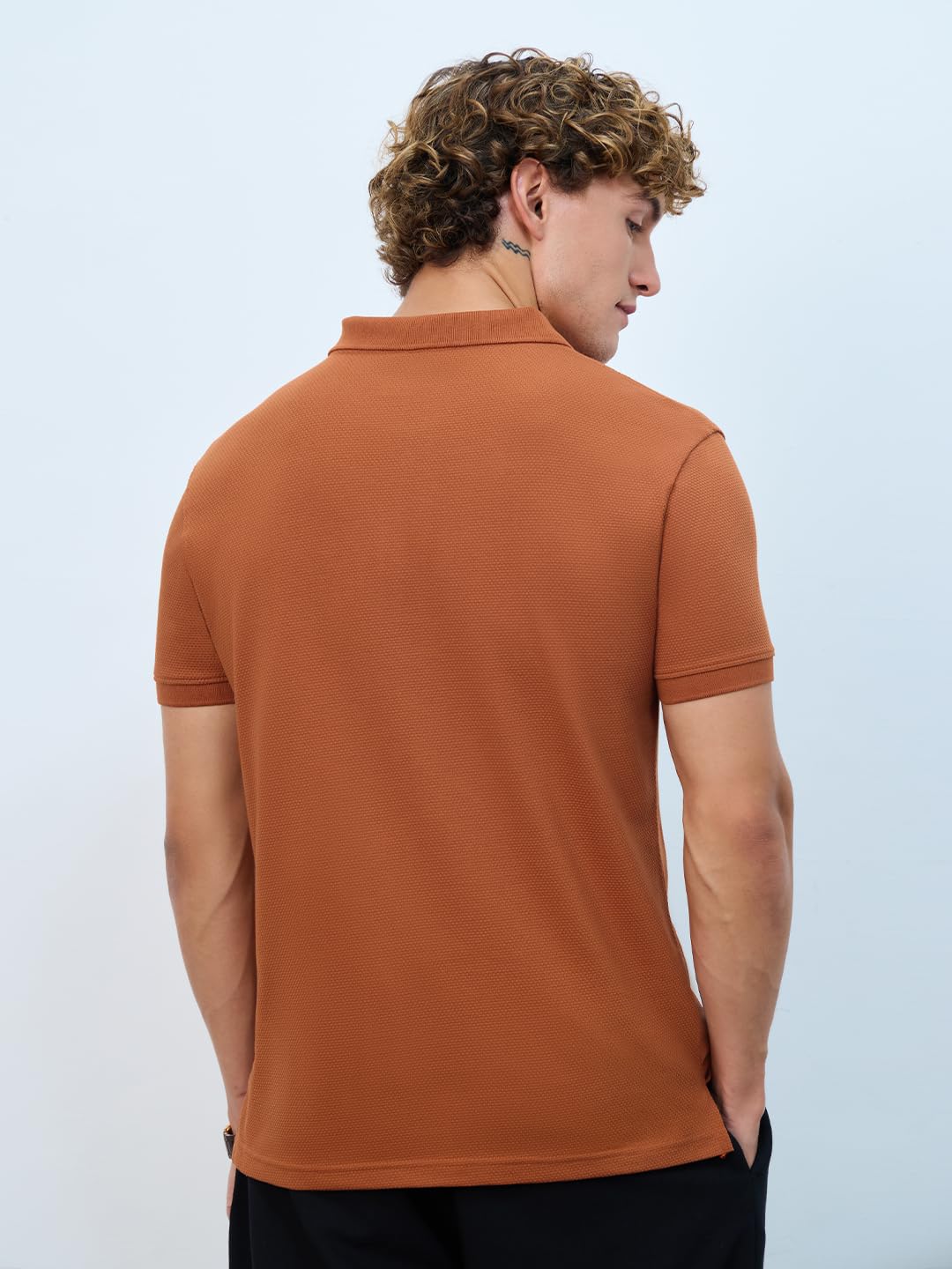 The Souled Store Textured Polo: Burnt Orange Men and Boys Short Sleeves Collared Neck Solid Cotton Blend Regular Fit Zipper Polo