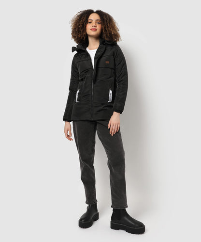 Campus Sutra Womens Black Hooded Puffer Regular Fit Bomber Jacket For Winter Wear | Standing Collar | Full Sleeve | Zipper | Ca