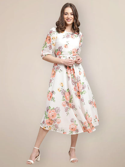 Preneum WomenS Maxi Fit & Flare Latest Style Print Georgette Regular Sleeves Casual Maxi Dress || Summer Dress Festival & Occas