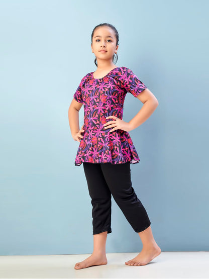 Aarika Girls Sports Wear Rani-Black Colour Floral Print Nylon Swim Suit (5-15 Years)-(SW-SHM-C-1120)