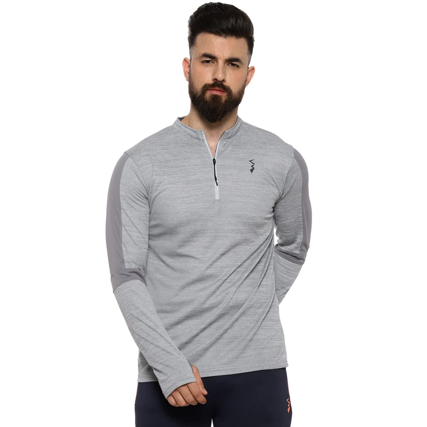 Campus Sutra Mens Light Grey Full Sleeve Regular Fit T-Shirt for Active Wear |Zip Closure|T-Shirt Crafted with Comfort Fit and