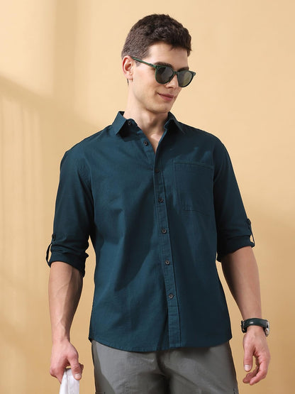 Dennis Lingo Men Solid Cotton Slub Spread Collar Full Sleeves Regular Fit Shirt Dark Green