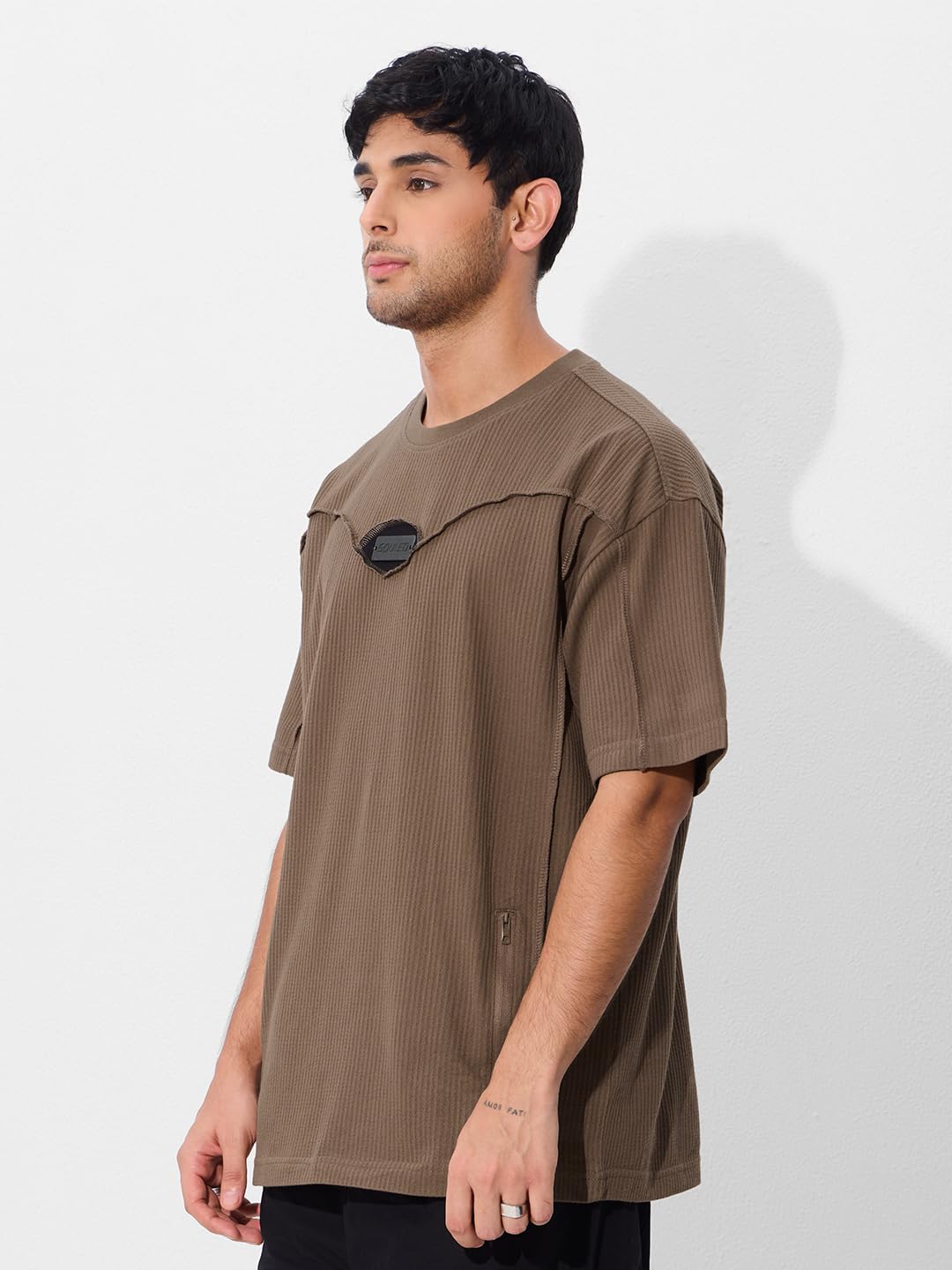 The Souled Store Originals : Textured Mocha Oversized T-Shirt for Men Boys Cotton Casual Half Sleeves Baggy Loose Fit Drop Shoul