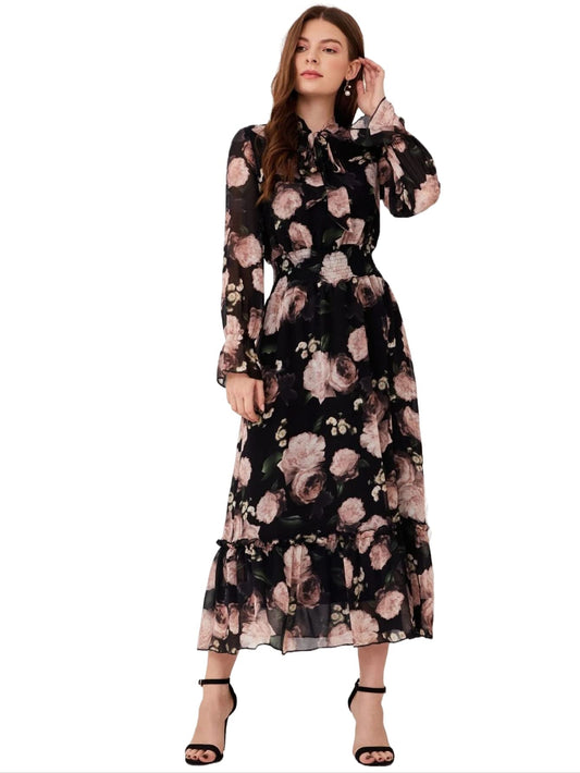 Gosriki WomenS Georgette Floral Print Tie Neck Shirred Waist Dress (Avpti-Black-Dress_Xl-Gs_Black_X-Large)