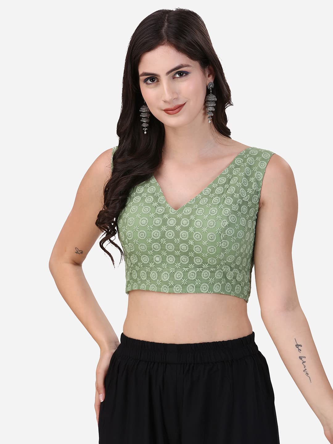 OOMPH! Womens Indian Ethnic Wear Designer Round Leaf Pattern V Neck Sleeveless Cotton Pista Blouse for Saree or Lehnga and Blou