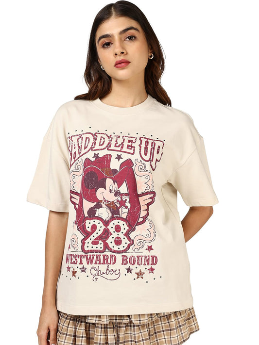 Bewakoof Heavy Duty 1.0 Official Disney Merchandise Mickey WomenS Graphic Print Oversized Fit Half Sleeve Round Neck Cotton T-S