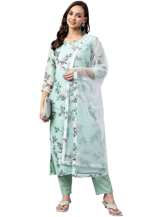 GoSriKi Women's Cotton Blend Printed Straight Kurta with Pant & Dupatta (Itta Nw3)