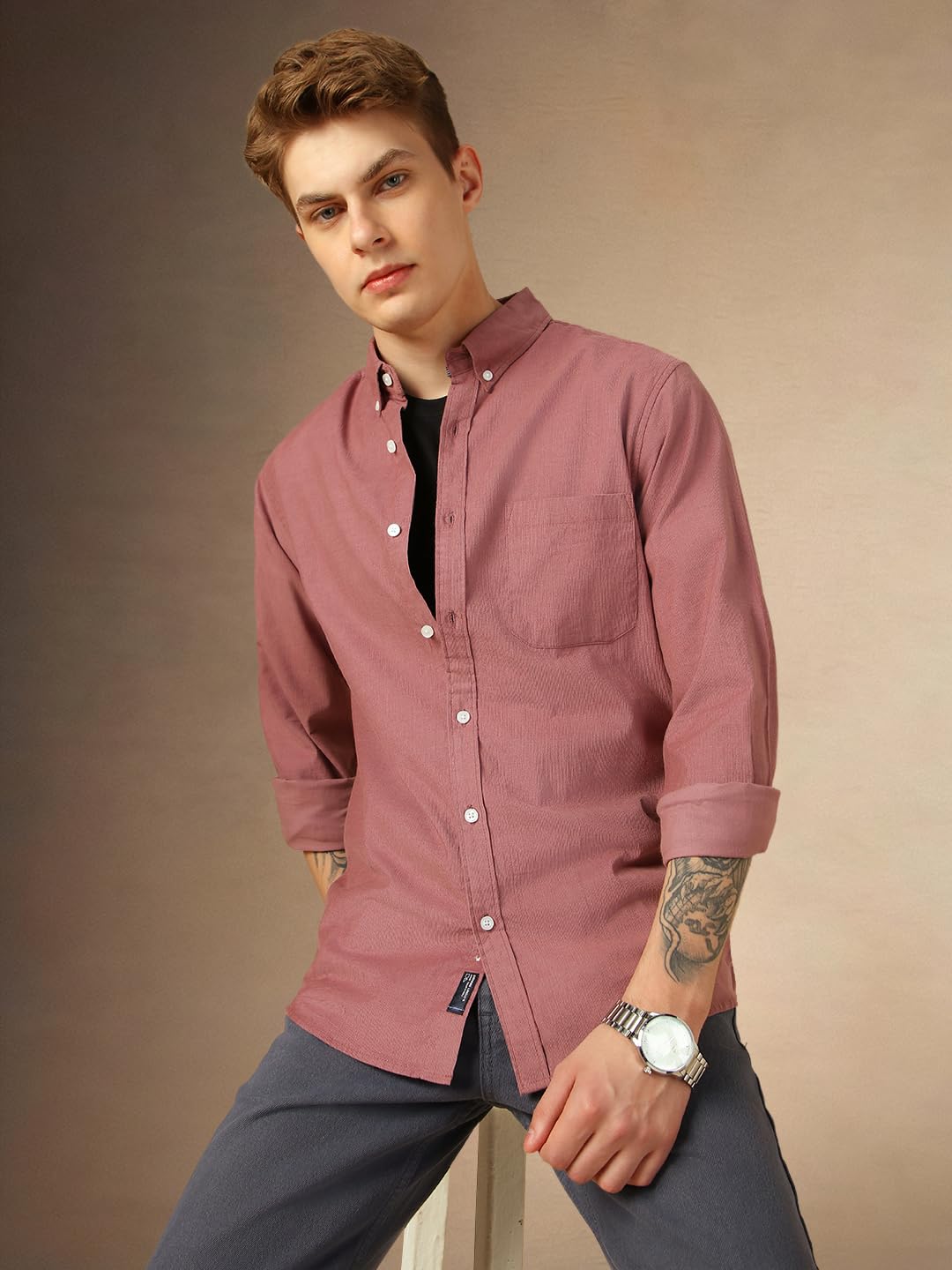Dennis Lingo Men Relaxed Fit Cotton Full Sleeves Solid Casual Shirts Pink