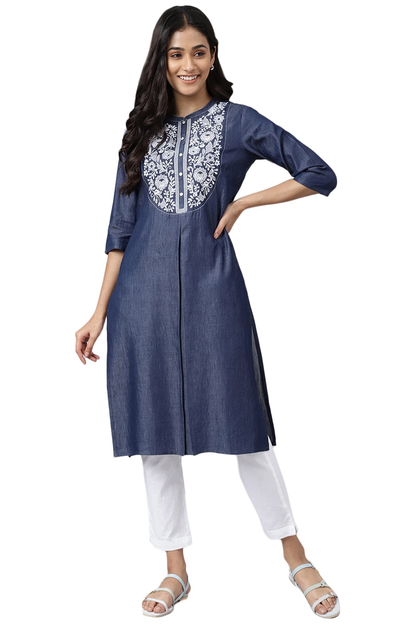 Aurelia Women Blue Cotton Blend Solid Straight Kurta_22Aua13340-701334_S