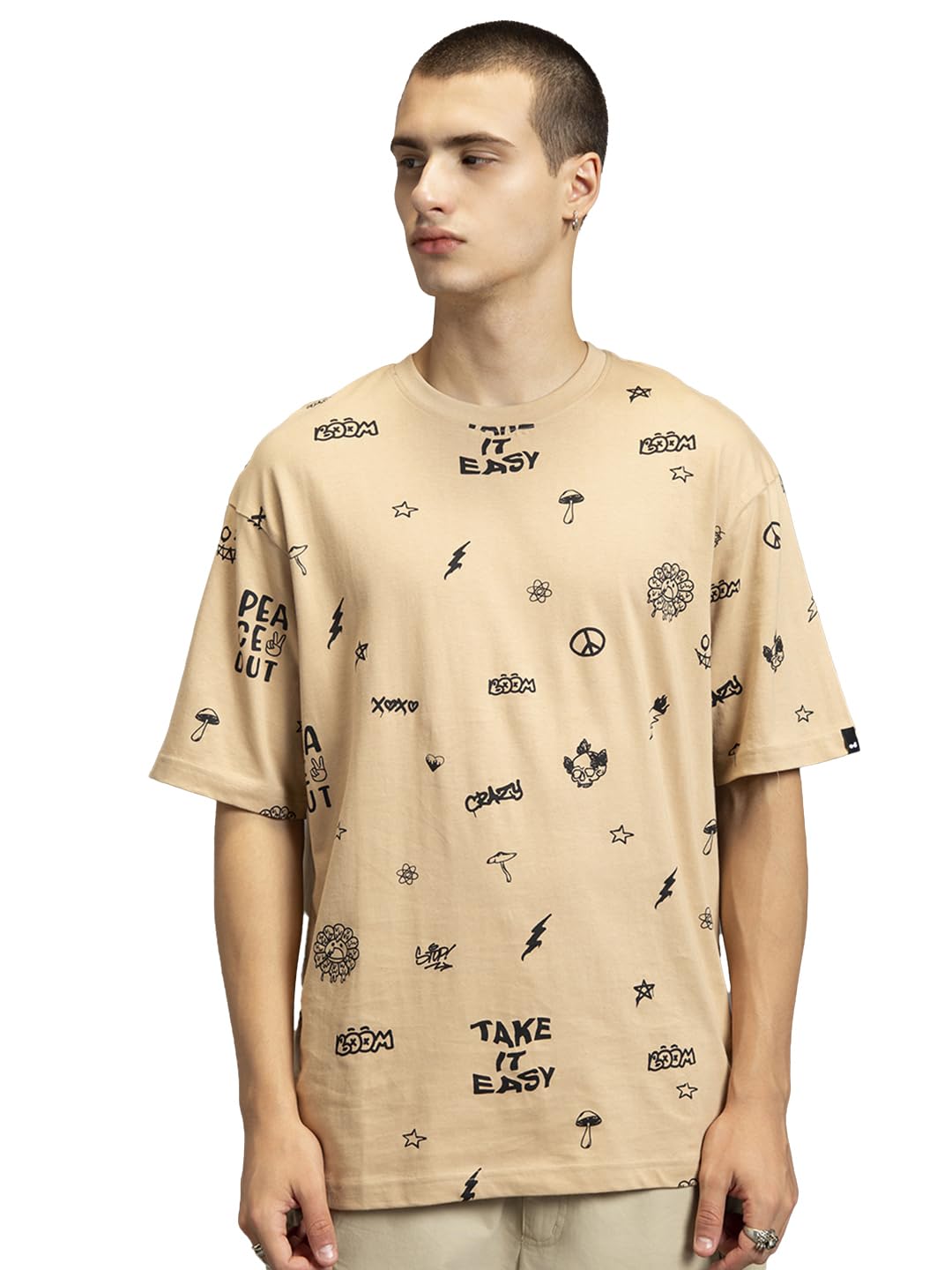 Bewakoof Mens All Over Printed 100% Cotton T-Shirt - Oversized Fit, Round Neck, Half Sleeves_579992_Brown_M