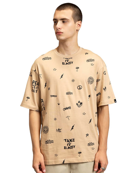 Bewakoof Mens All Over Printed 100% Cotton T-Shirt - Oversized Fit, Round Neck, Half Sleeves_579992_Brown_M