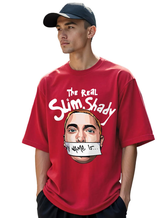 Bewakoof Mens Real Slim Shady Graphic Print Cotton T-Shirt- Oversized Fit, Round Neck, Half Sleeves 584921_Red_XL