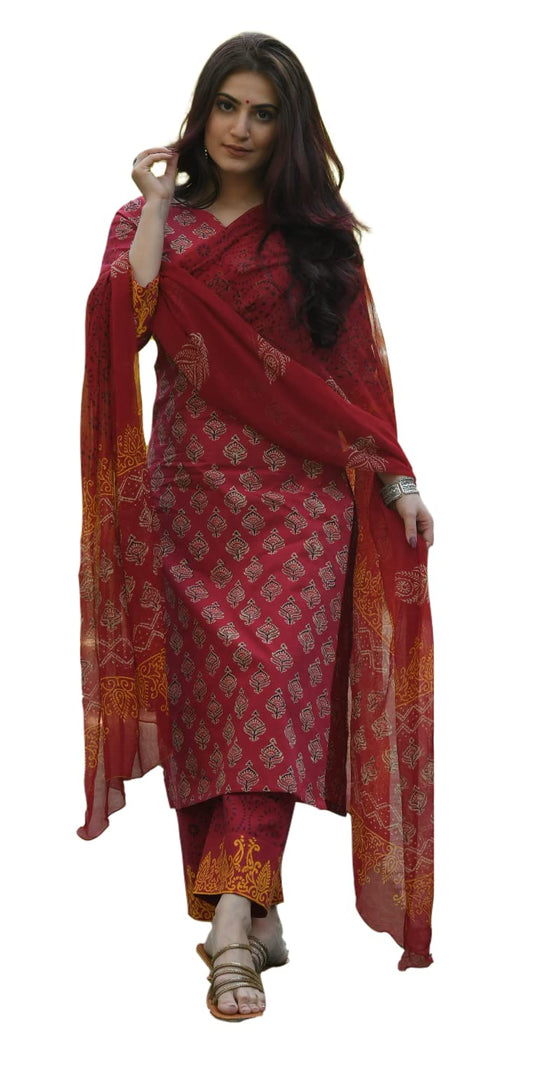 KLOSIA Women Maroon Block Printed Kurta