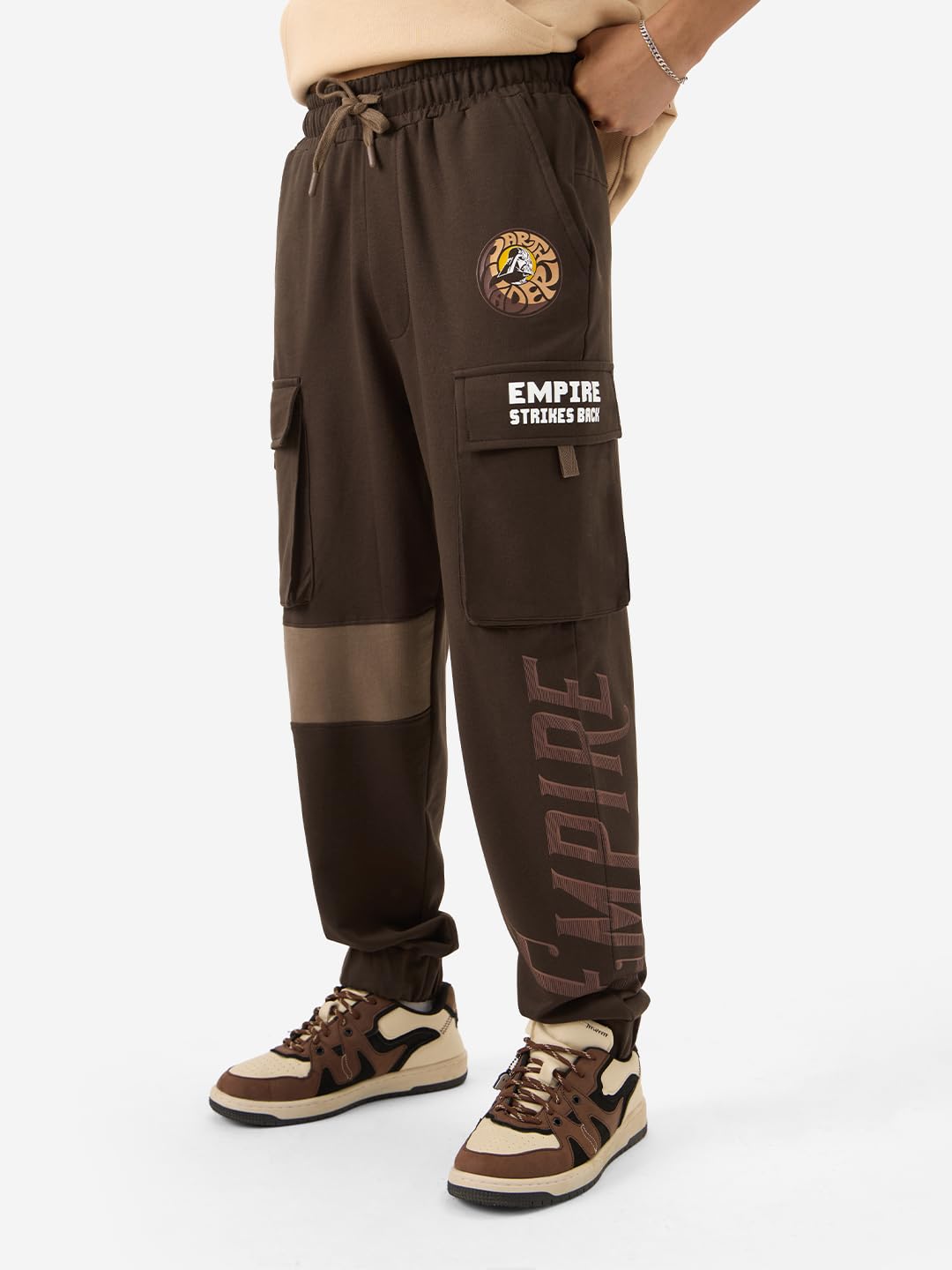 The Souled Store Official Star Wars: Empire Strikes Men and Boys Drawstring Oversized Fit Cotton Cargo Joggers Brown