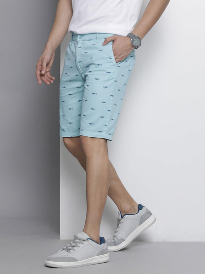 The Indian Garage Co Men Slim Fit Printed Mid-Rise Shorts Sea Blue