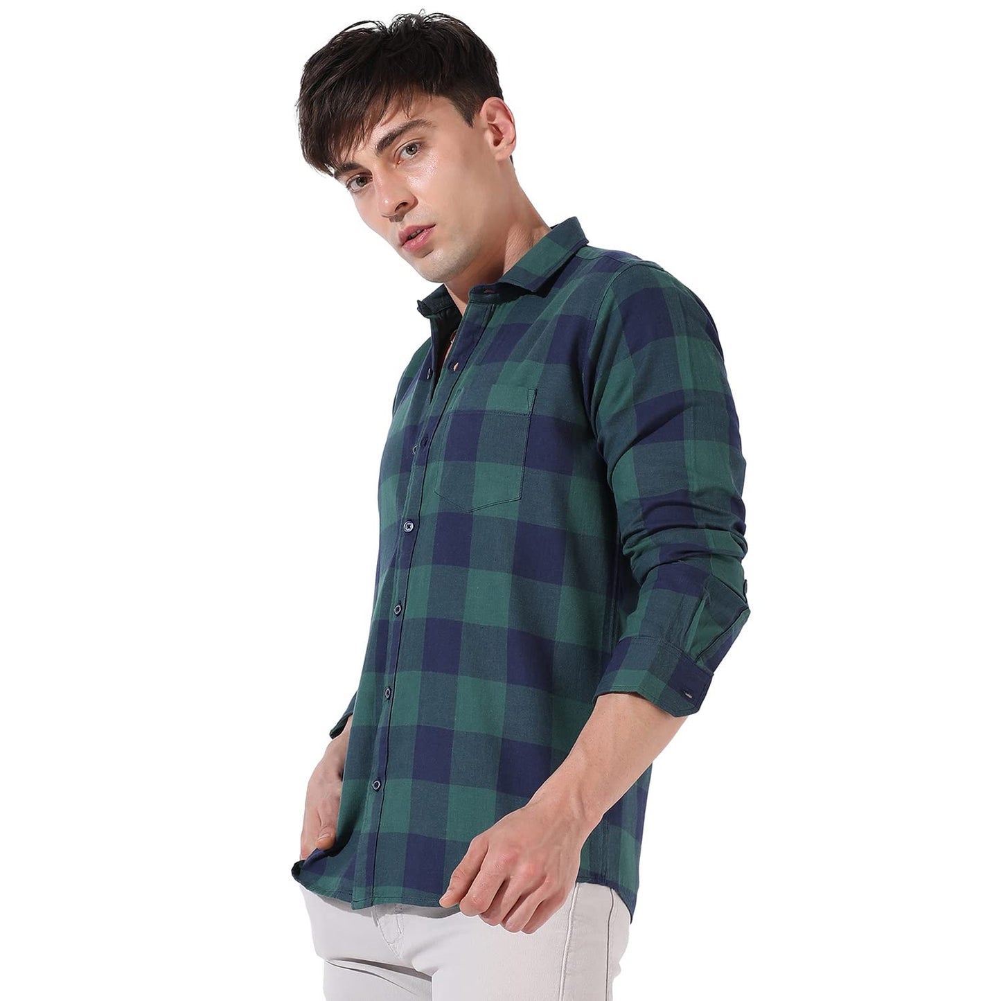 Campus Sutra Mens Green Checkered Button Up Collared Shirt for Casual Wear | Shirt Crafted with Regular Sleeve, Comfort Fit & H