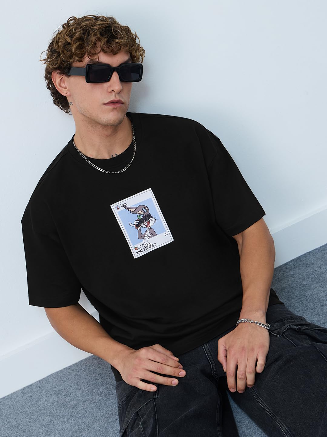 The Souled Store Looney Tunes: Insta Bugs Men and Boys Short Sleeves Round Neck Black Graphic Printed Cotton Oversized T-Shirts