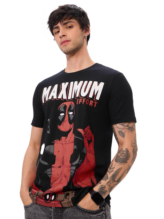 The Souled Store Official Deadpool Originals: Maximum Effort Men and Boys Short Sleeve Round Neck Graphic Printed Regular Fit Co