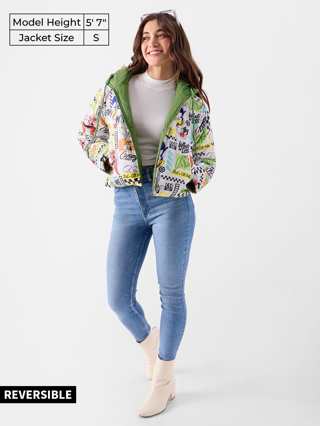 The Souled Store Official Looney Tunes: Back to School Women and Girls Long Sleeve Zipper Front Hooded Neck Reversible Puffer Ja