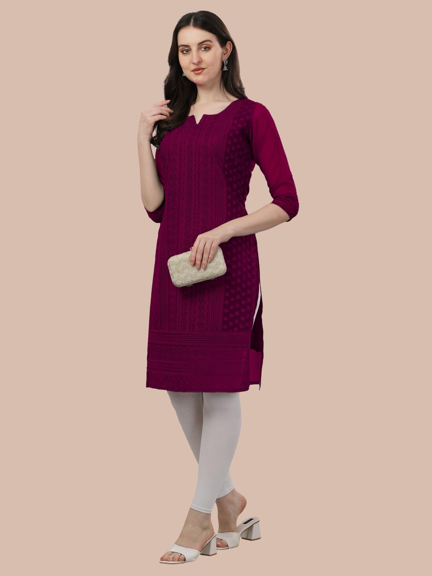 TRILLMIXA Womens Georgette Chikankari Embroidery Knee-Length Kurti for Girls Metallic