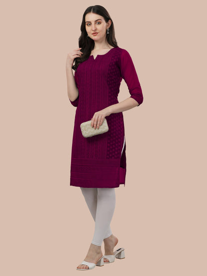 TRILLMIXA Womens Georgette Chikankari Embroidery Knee-Length Kurti for Girls Metallic