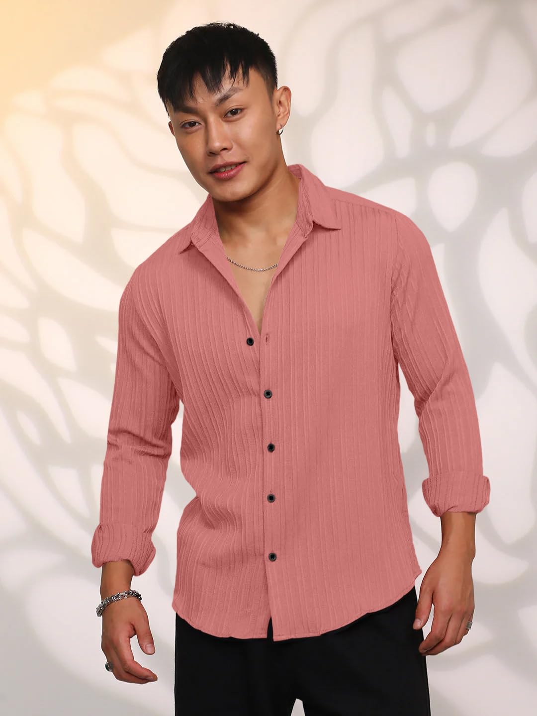 Finivo Fashion MenS Casual Cotton Striped Button Down Shirts Long Sleeve Textured Summer Beach Shirt For Men Peach