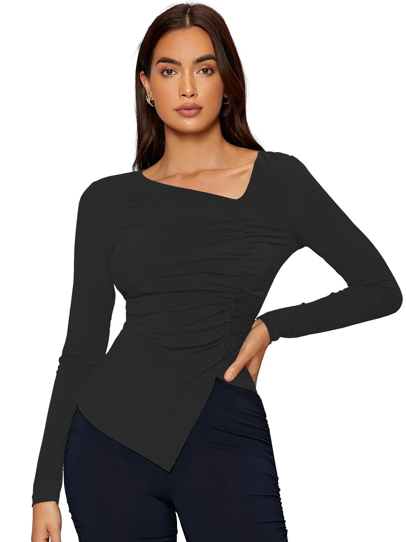 Shasmi Womens & Girls Black Long Sleeve Asymmetrical Neck Solid Color Ruched Front Asymmetrical Hem Tee Workwear Fancy Top, T-