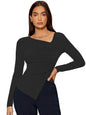 Shasmi Womens & Girls Black Long Sleeve Asymmetrical Neck Solid Color Ruched Front Asymmetrical Hem Tee Workwear Fancy Top, T-