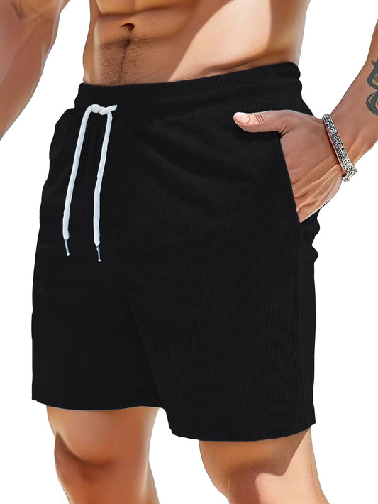 AVANOVA Mens Black Solid Color Loose Fit Drawstring Short with Pockets, Casual Patch Pocket Waist Letter Print Shorts (Shotrs 1