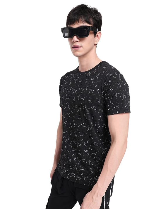 Bewakoof MenS All Over Printed 100% Cotton T-Shirt - Regular Fit, Round Neck, Full Sleeves Black