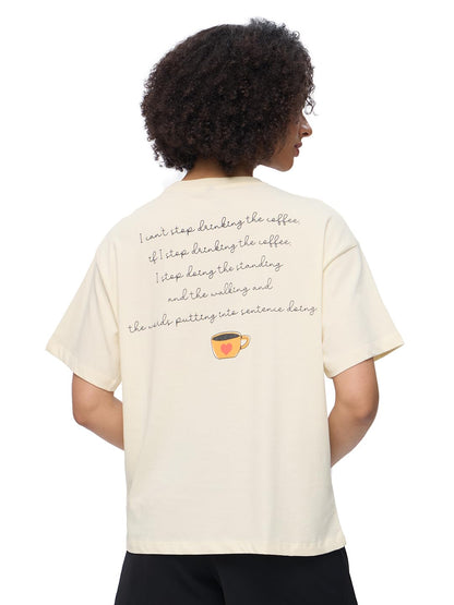 The Souled Store Gilmore Girls: Coffee Cups Women and Girls Short Sleeves Round Neck Off White Graphic Printed Cotton Oversized