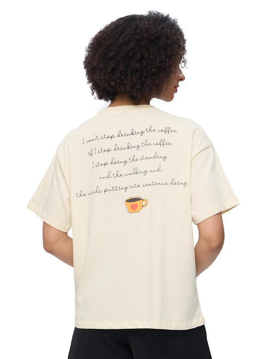 The Souled Store Gilmore Girls: Coffee Cups Women and Girls Short Sleeves Round Neck Off White Graphic Printed Cotton Oversized