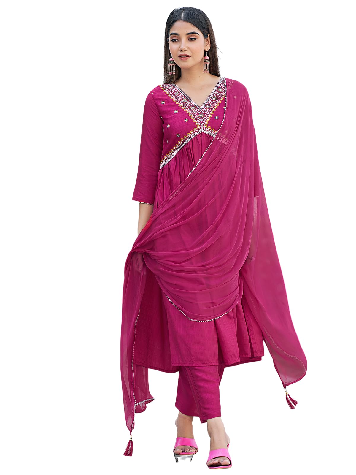 Sanisa Womens Art Silk Sequence Embroidery Work Alia Cut Kurta with Pant and Dupatta Set| Ethnic Set | Suit Set | Kurta Set(163