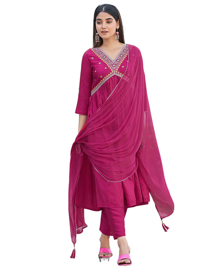 Sanisa Womens Art Silk Sequence Embroidery Work Alia Cut Kurta with Pant and Dupatta Set| Ethnic Set | Suit Set | Kurta Set(163