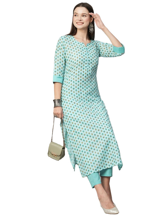 ANNI DESIGNER Womens Cotton Blend Floral Straight Kurta with Pant (Otti_Blue_Small)