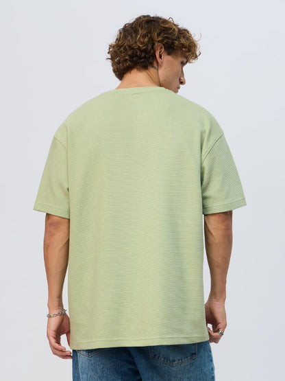 The Souled Store Ottoman: Social Battery Men and Boys Short Sleeves Round Neck Green Embroidered Textured Lightweight Casual Str