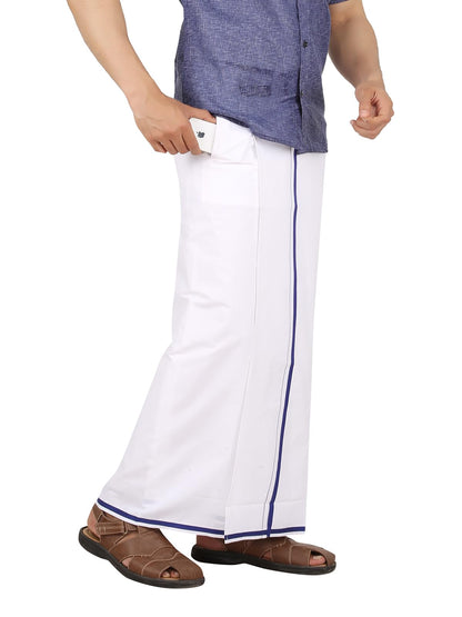 Prakasam Cotton -White Readymade Pocket Dhoti For Mens/Fine Quality White Readymade Dhoties For Mens- Navy Border
