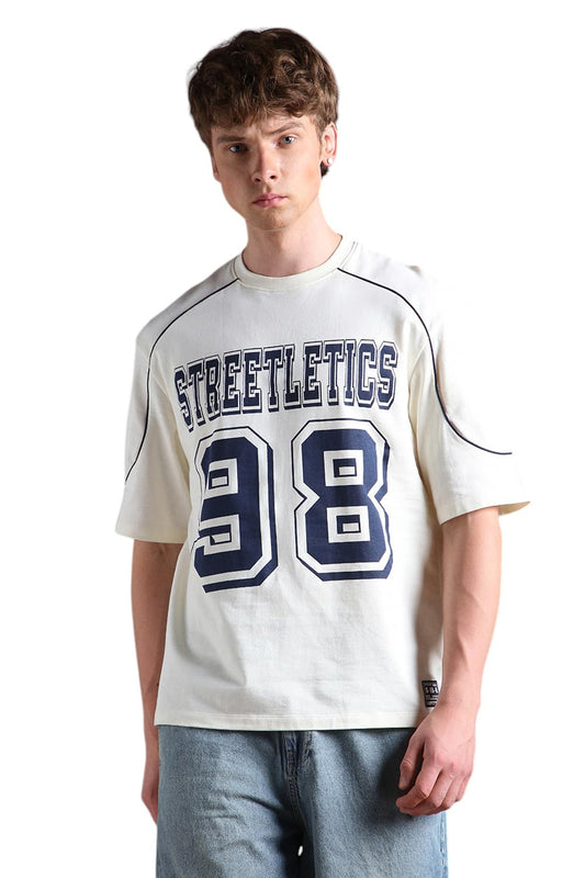 Hubberholme Men Printed Oversized Round Neck Half Sleeves Tshirts 1 Off-White